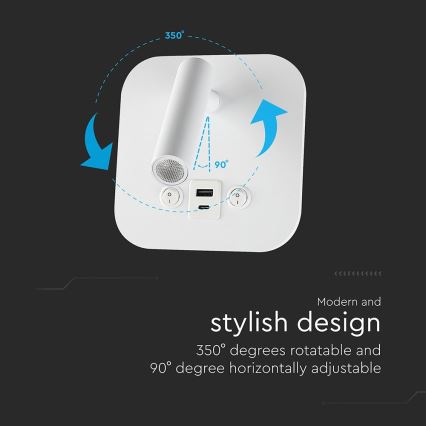 LED стенен точков аплик с USB порт LED/8W/230V 3000K бял