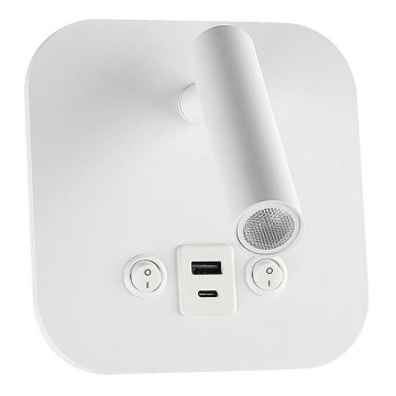 LED стенен точков аплик с USB порт LED/8W/230V 3000K бял
