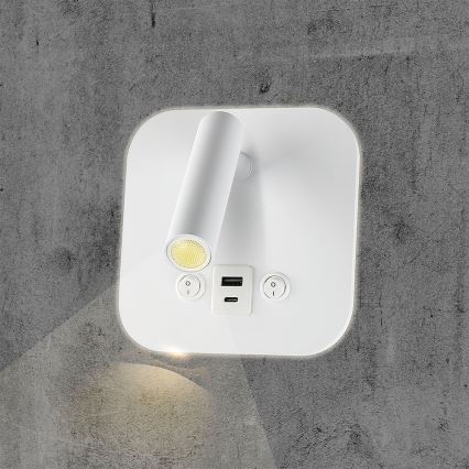LED стенен точков аплик с USB порт LED/8W/230V 3000K бял