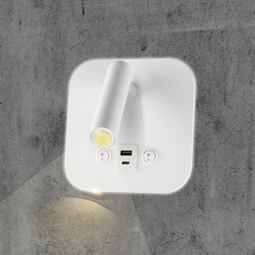 LED стенен точков аплик с USB порт LED/8W/230V 3000K бял