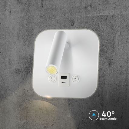 LED стенен точков аплик с USB порт LED/8W/230V 3000K бял