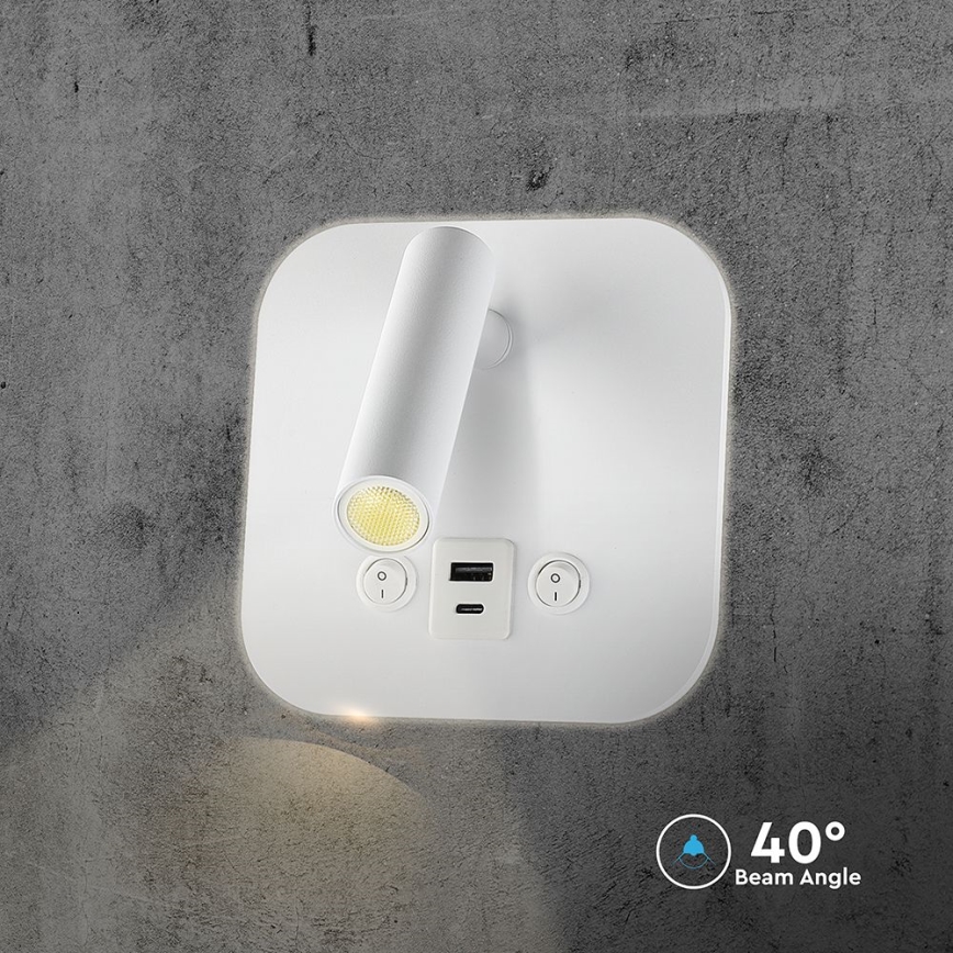 LED стенен точков аплик с USB порт LED/8W/230V 3000K бял