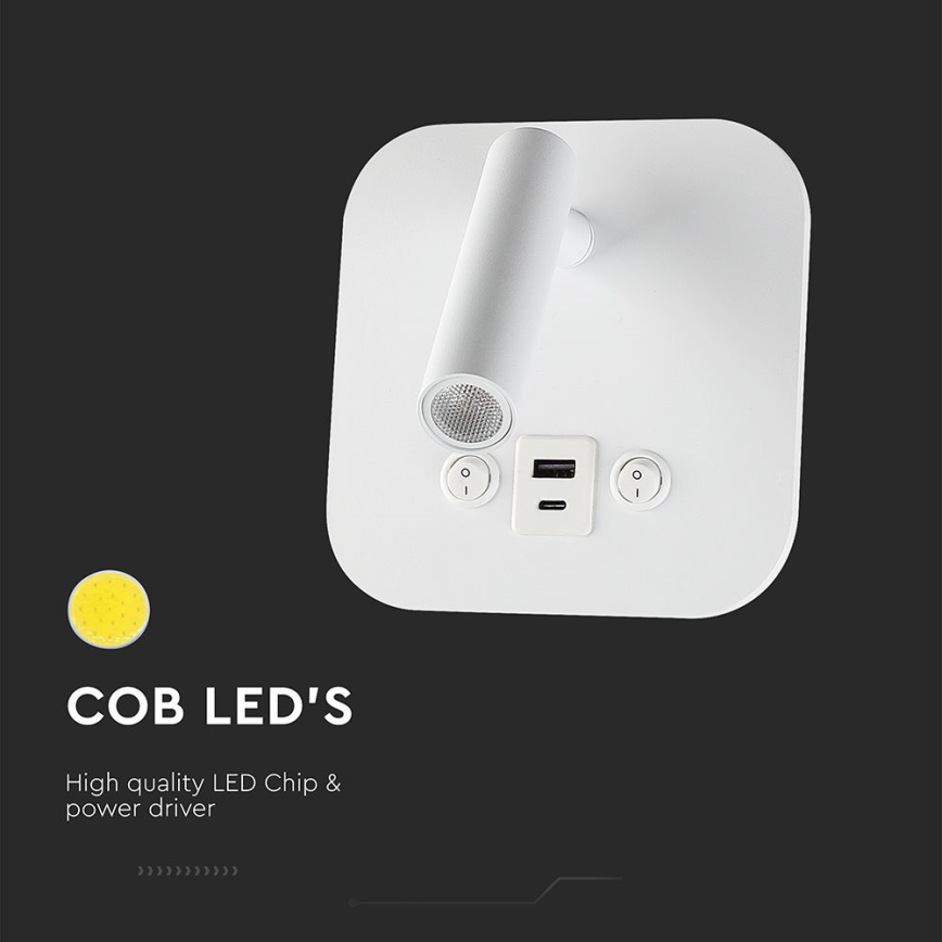 LED стенен точков аплик с USB порт LED/8W/230V 3000K бял