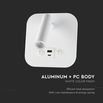 LED стенен точков аплик с USB порт LED/8W/230V 3000K бял
