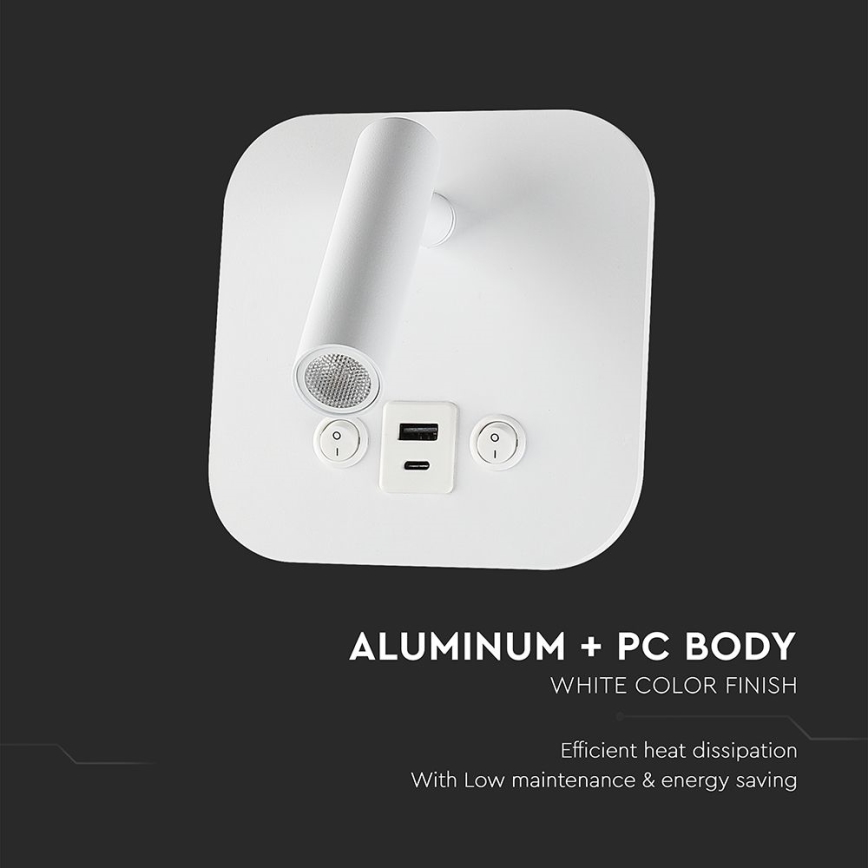 LED стенен точков аплик с USB порт LED/8W/230V 3000K бял