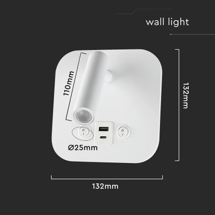 LED стенен точков аплик с USB порт LED/8W/230V 3000K бял