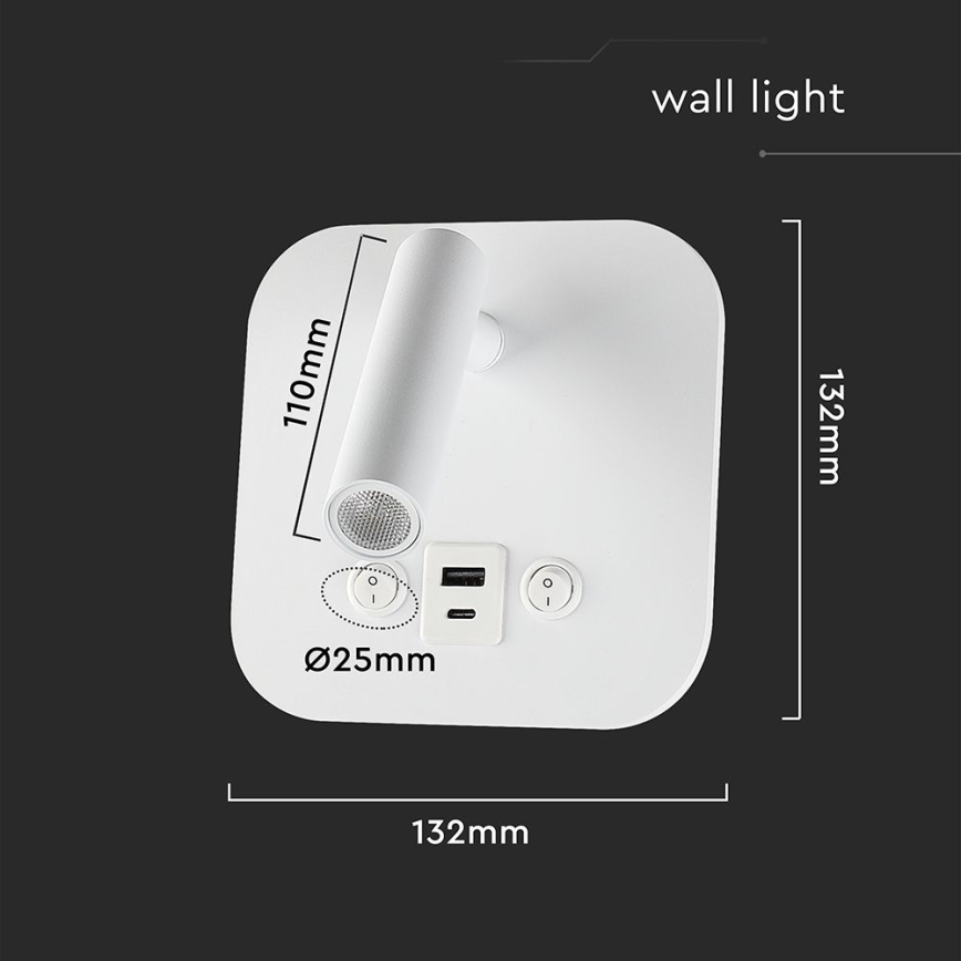 LED стенен точков аплик с USB порт LED/8W/230V 3000K бял