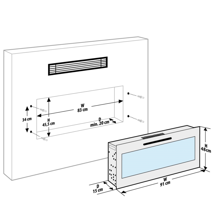 LED Стенна електрическа камина с отопление LED/2000W/230V 48x91 см + дистанционно