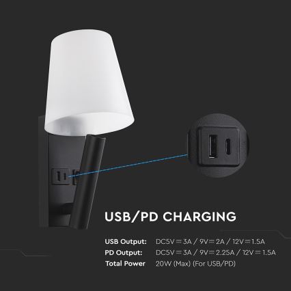 LED стенна лампа с USB порт LED/2W/230V 3000K черна/бяла