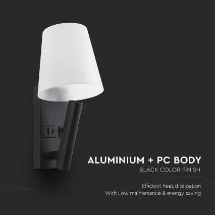 LED стенна лампа с USB порт LED/2W/230V 3000K черна/бяла