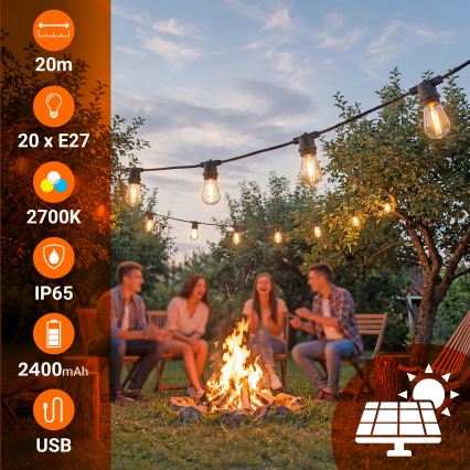 LED димируема соларна декоративна верига 20xE27/0,3W/3/5V USB 2400 mAh 20,62 m IP65 черна + дистанционно управление