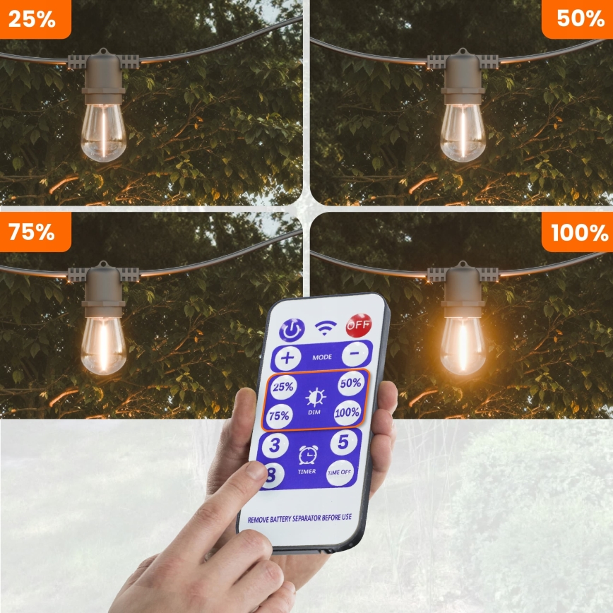 LED димируема соларна декоративна верига 20xE27/0,3W/3/5V USB 2400 mAh 20,62 m IP65 черна + дистанционно управление