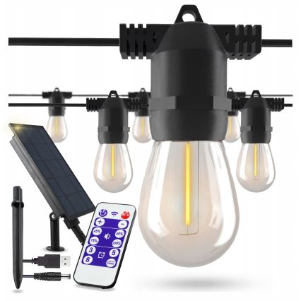 LED димируема соларна декоративна верига 20xE27/0,3W/3/5V USB 2400 mAh 20,62 m IP65 черна + дистанционно управление