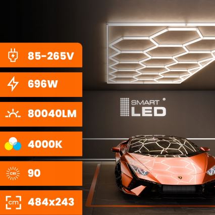 LED таванно осветително тяло HEXAGON LED/696W/85-265V 4000K 484x243 cm CRI 90 IP54 бяло