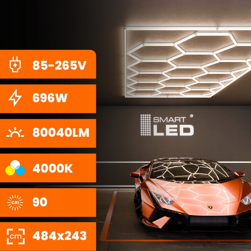 LED таванно осветително тяло HEXAGON LED/696W/85-265V 4000K 484x243 cm CRI 90 IP54 бяло
