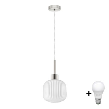 LED висяща лампа HARMA 1xE27/60W/230V, диаметър 20 см, матов хром/бяло
