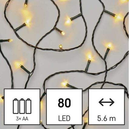 LED Коледен външен гирлянд 80xLED/3xAA 6,1m IP44 топла бяла