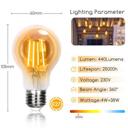 LED Крушка A60 E27/4W/230V 2200K - Aigostar