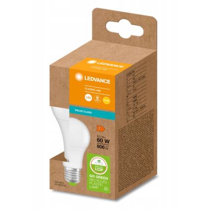 LED крушка от рециклирана пластмаса A60 E27/8,5W/230V 2700K - Ledvance
