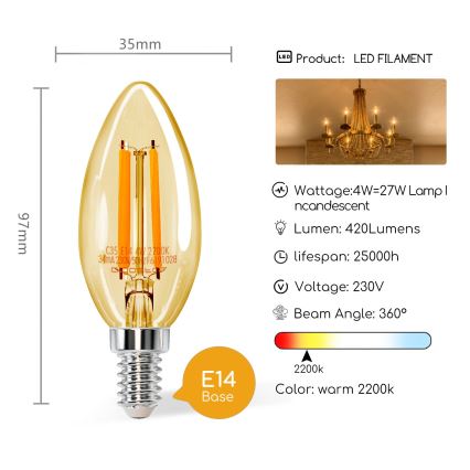 LED Крушка C35 E14/4W/230V 2200K - Aigostar