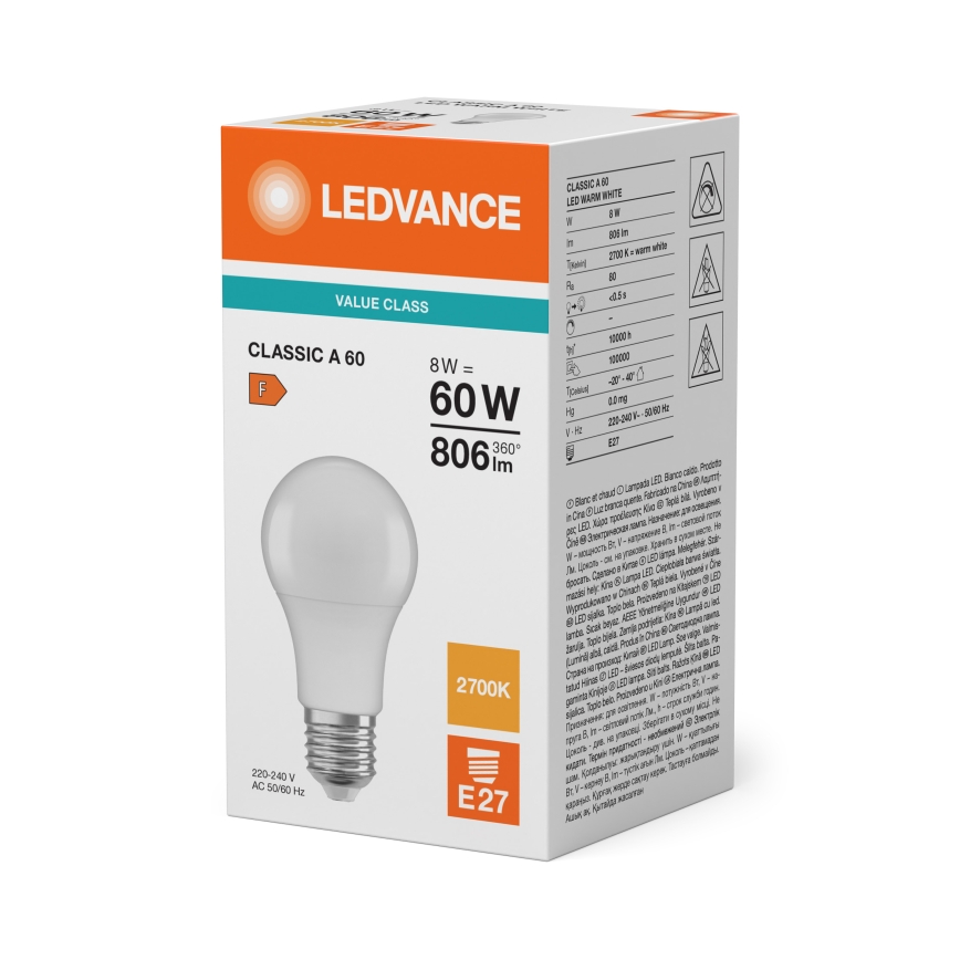 LED крушка CLASSIC A60 E27/8W/230V 2700K - Ledvance