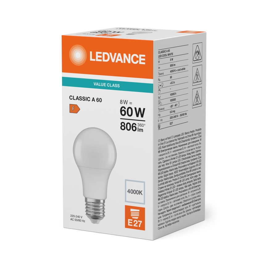 LED крушка CLASSIC A60 E27/8W/230V 4000K - Ledvance