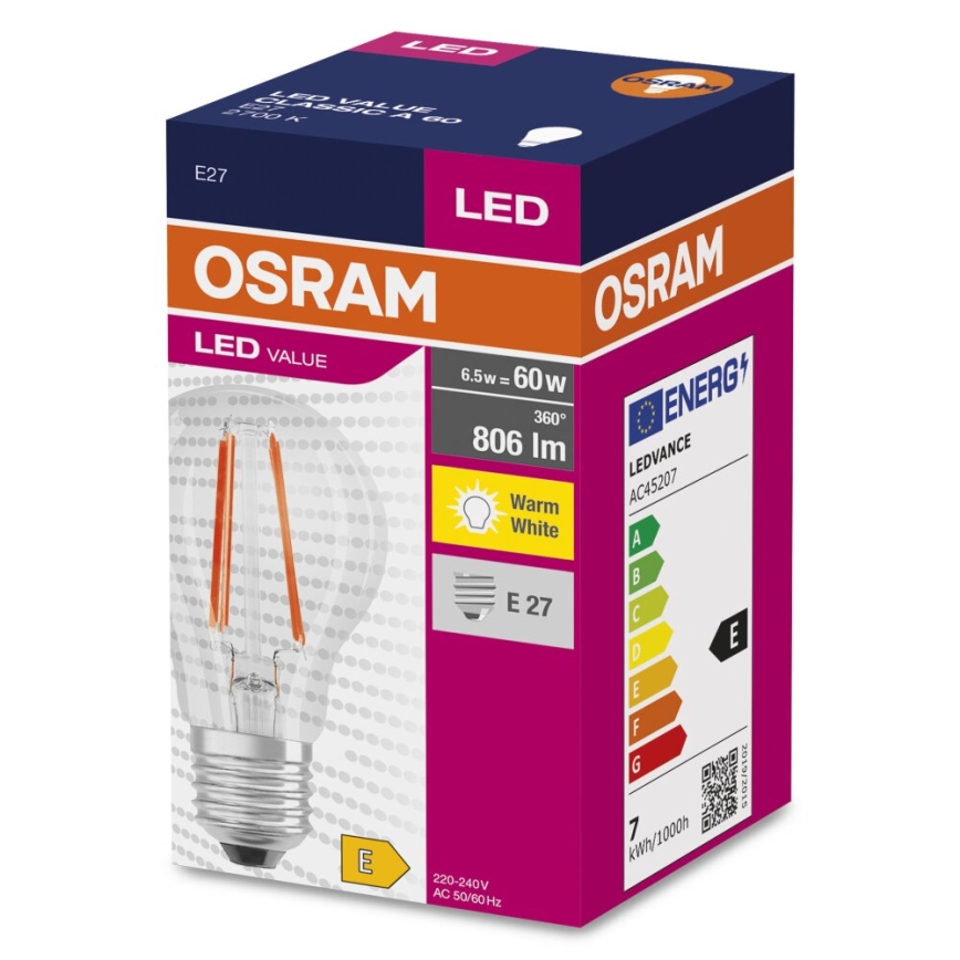 LED Крушка FILAMENT A60 E27/6,5W/230V 2700K - Osram