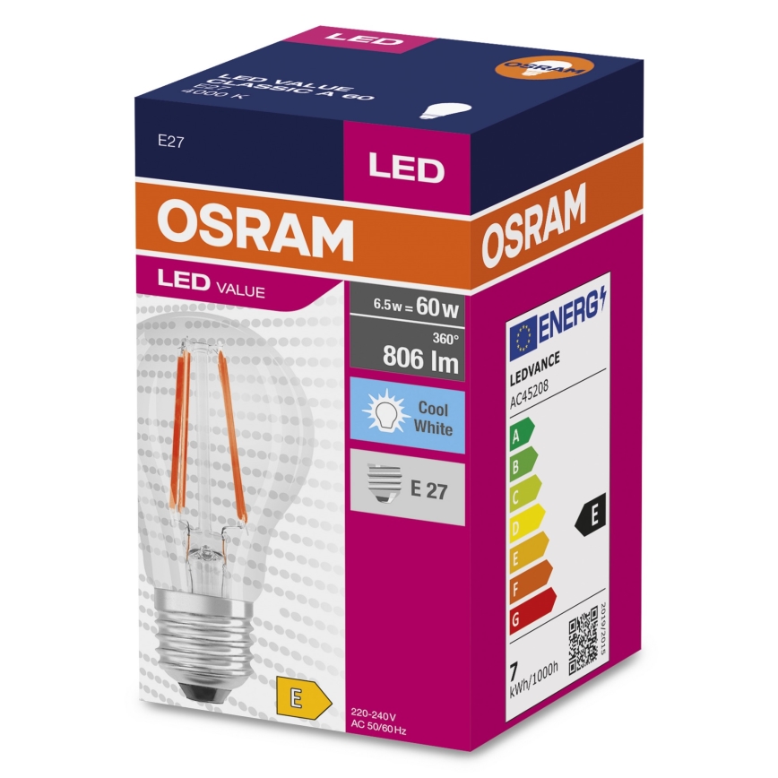LED Крушка FILAMENT A60 E27/6,5W/230V 4000K - Osram