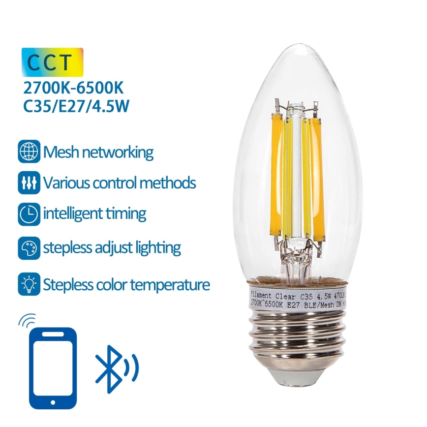 LED Димируема крушка FILAMENT MESH Smart C35 E27/4,5W/230V 2700-6500K - Aigostar