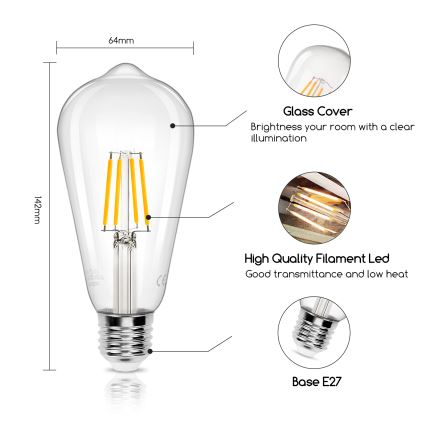 LED Крушка FILAMENT ST64 E27/6W/230V 2700K - Aigostar