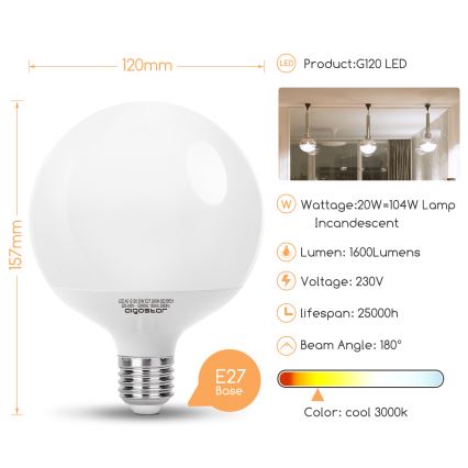 LED Крушка G120 E27/20W/230V 3000K - Aigostar
