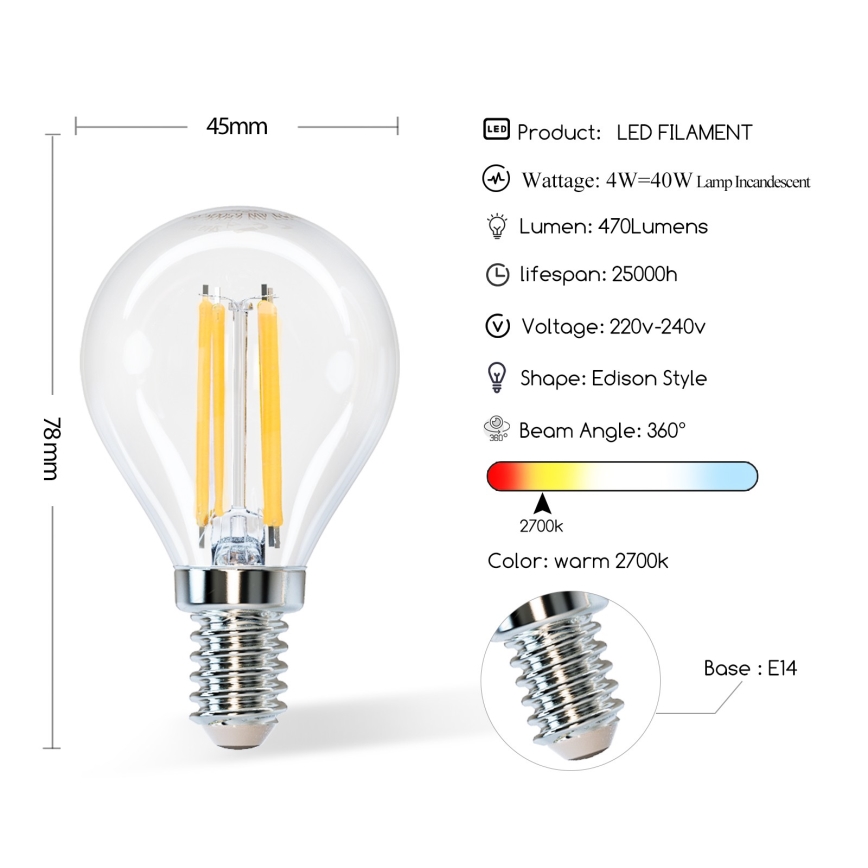 LED Крушка G45 E14/4W/230V 2700K - Aigostar