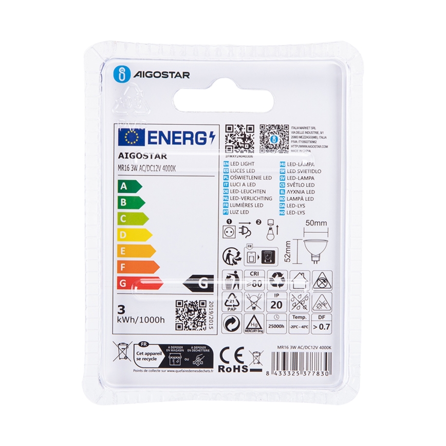 LED Крушка MR16 GU5,3/3W/12V 4000K - Aigostar