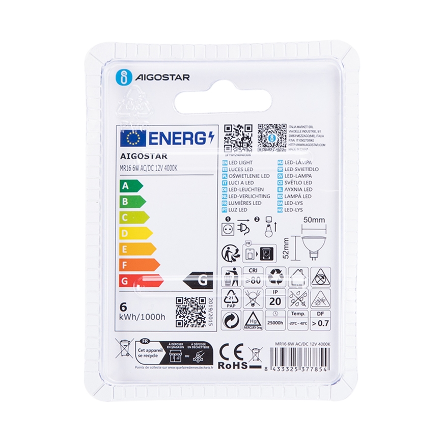LED Крушка MR16 GU5,3/6W/12V 4000K - Aigostar