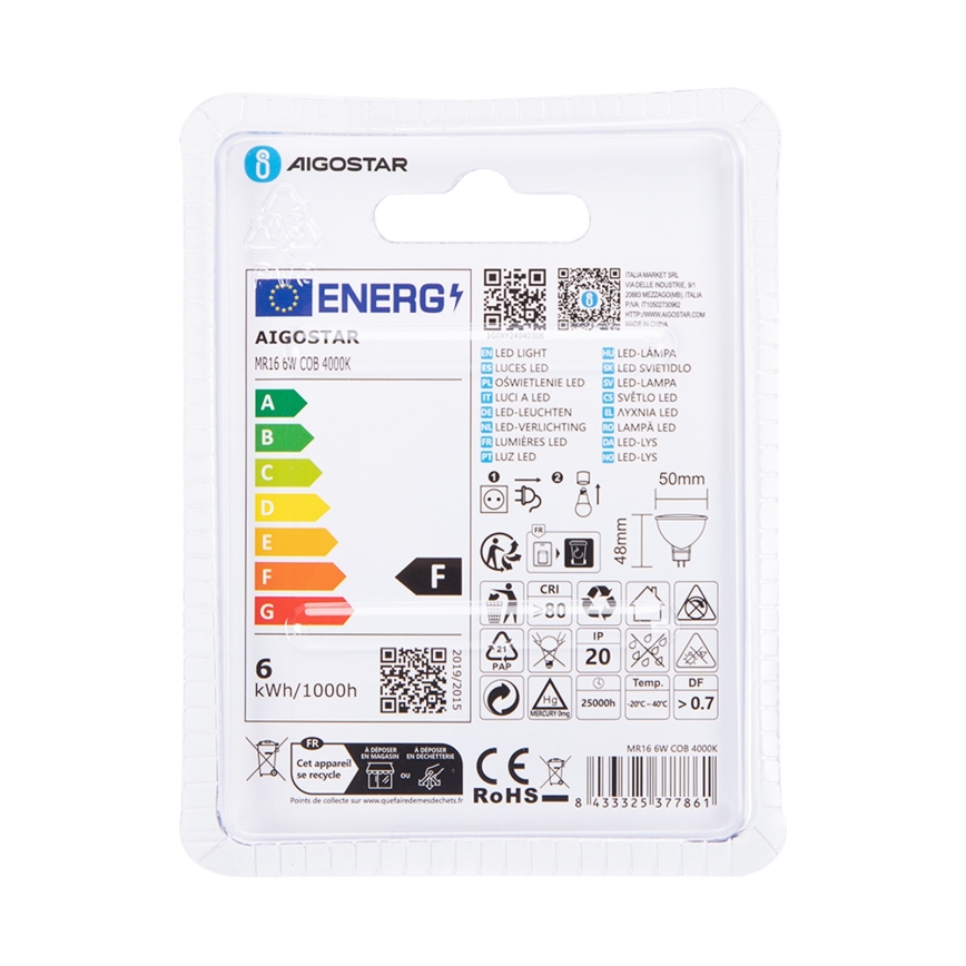 LED Крушка MR16 GU5,3/6W/12V 4000K - Aigostar