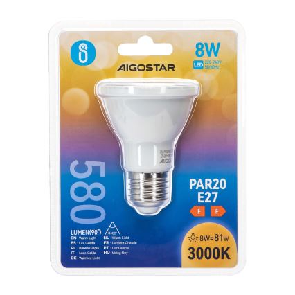 LED Крушка PAR20 E27/8W/230V 3000K - Aigostar