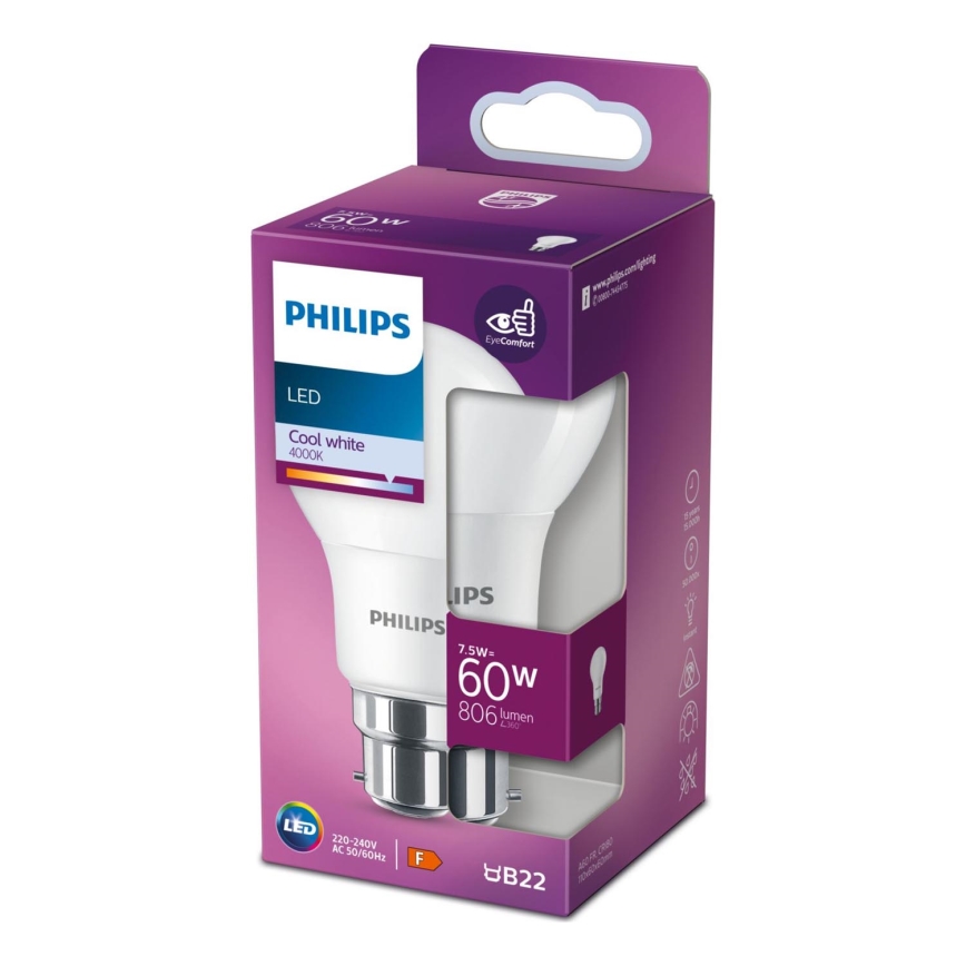 LED Крушка Philips A60 B22/7,5W/230V 4000K