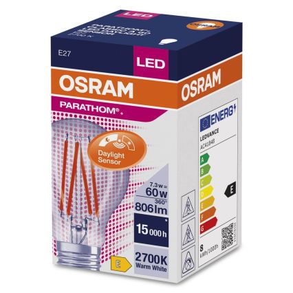 LED крушка със сензор за здрач CLASSIC FILAMENT A60 E27/7,3W/230V 2700K - Osram