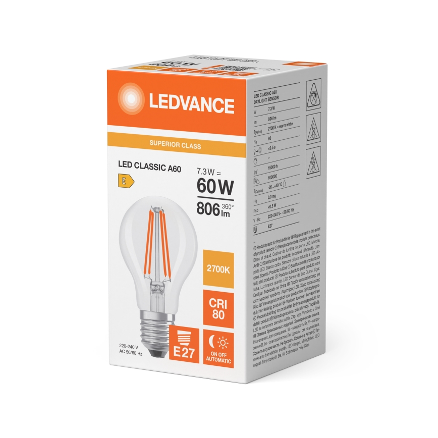 LED крушка със сензор за здрач CLASSIC FILAMENT A60 E27/7,3W/230V 2700K - Osram