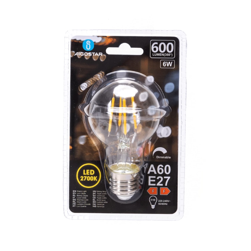 LED крушка с възможност за димиране FILAMENT A60 E27/6W/230V 2700K - Aigostar