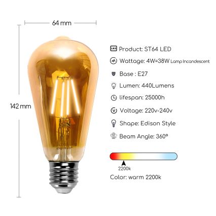 LED Крушка ST64 E27/4W/230V 2200K - Aigostar