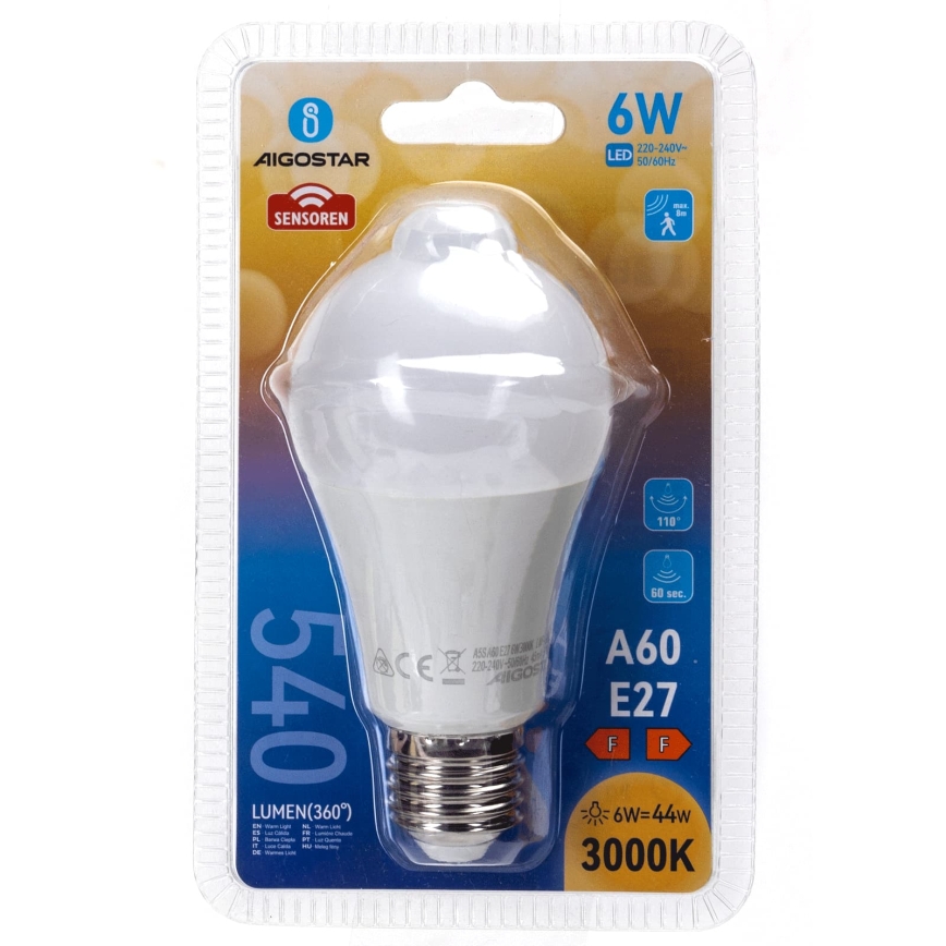 LED крушка със сензор за движение и сумрак A60 E27/6W/230V 3000K - Aigostar