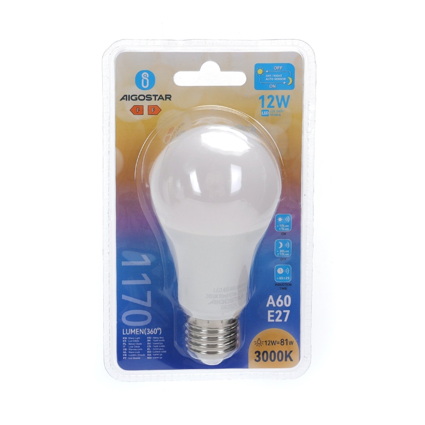LED Крушка със сензор за здрач A60 E27/12W/230V 3000K - Aigostar