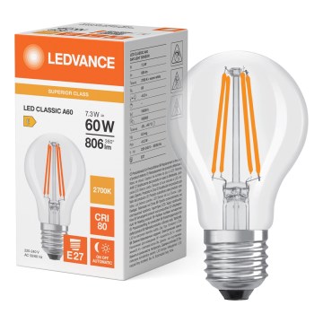 LED крушка със сензор за здрач CLASSIC FILAMENT A60 E27/7,3W/230V 2700K - Osram