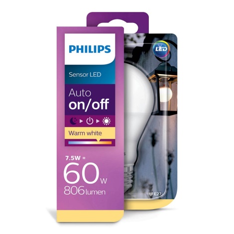 LED Крушка със сензор за здрач Philips E27/7,5W/230V 2700K