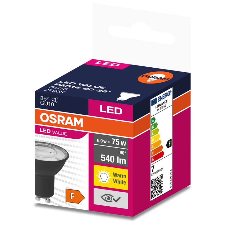 LED Крушка VALUE PAR16 GU10/6,9W/230V 2700K 36° черен - Ledvance