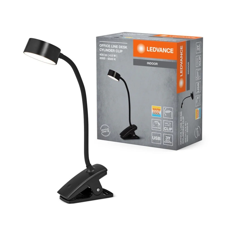 Ledvance - LED димируема сензорна настолна лампа с щипка CYLINDER LED/4,8W/5V 3000-6500K черна