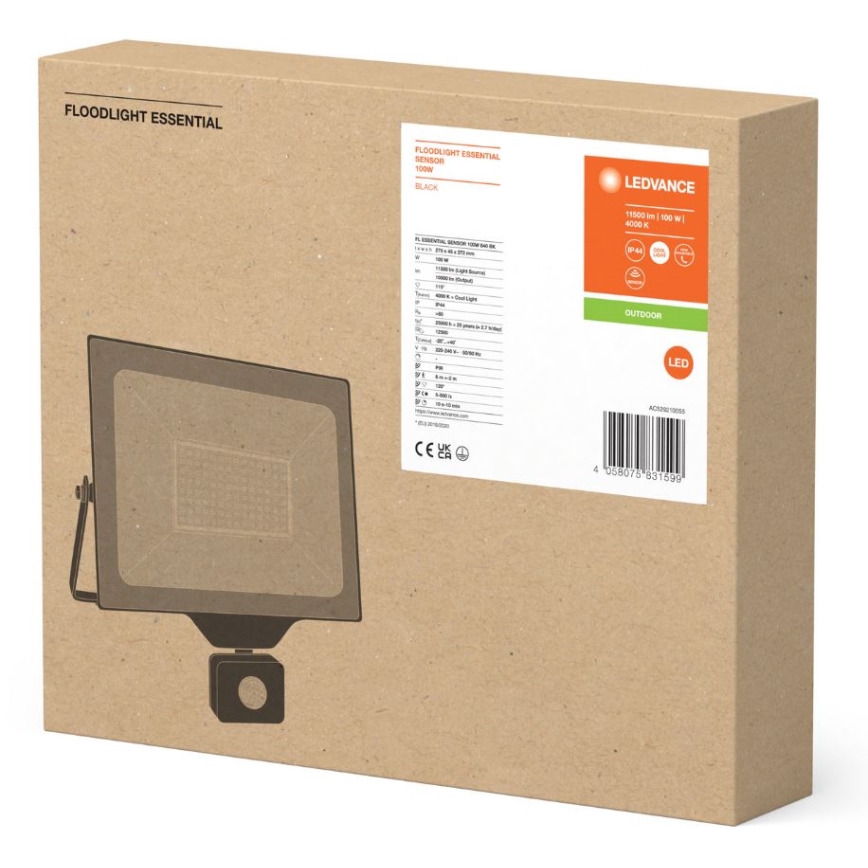 Ledvance - LED Екстериорен прожектор за стена с сензор FLOODLIGHT ESSENTIAL LED/100W/230V IP65