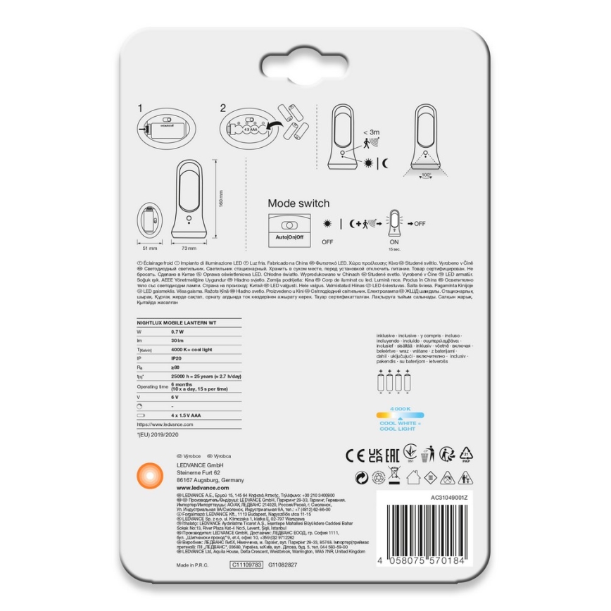 Ledvance - LED Лампа за ориентация със сензор MOBILE LED/0,7W/4xAAA