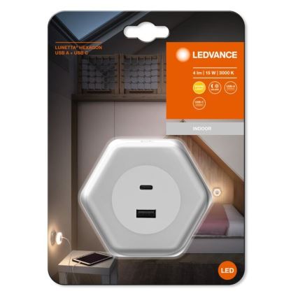 Ledvance - LED Лампа за ориентация за контакт с USB LUNETTA LED/15W/230V